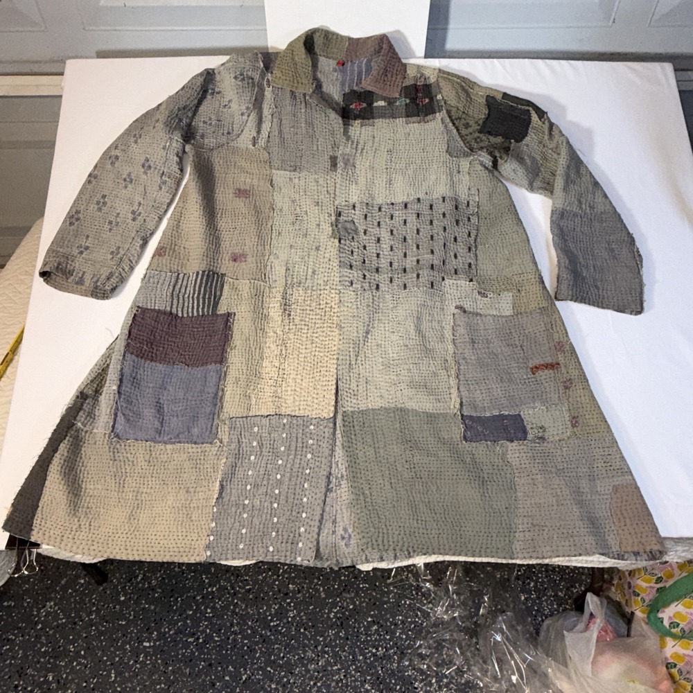 Mieko Mintz Reversible Kantha Quilt Jacket Coat Green Grey One Size OS Artisan
